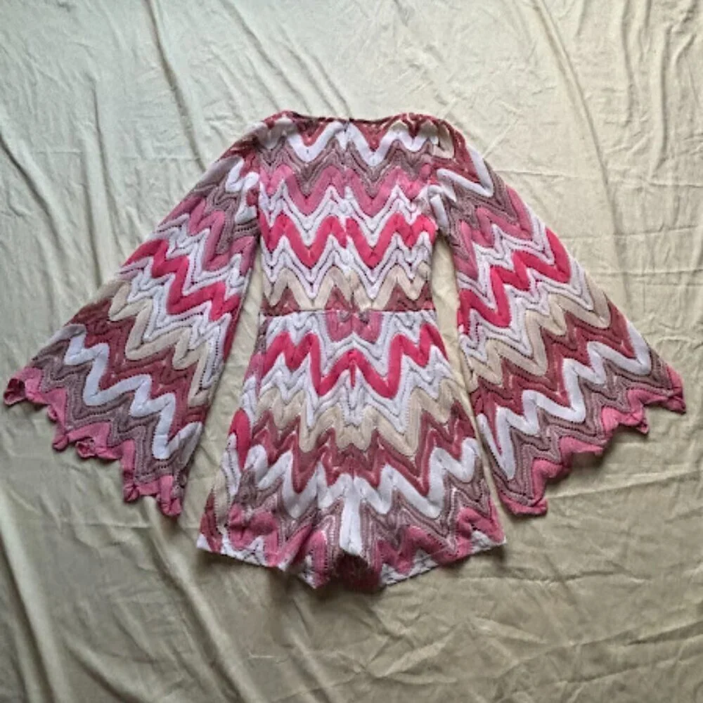 Va Va Voom | Pink Chevron Lace Bell Sleeve Romper | Size M